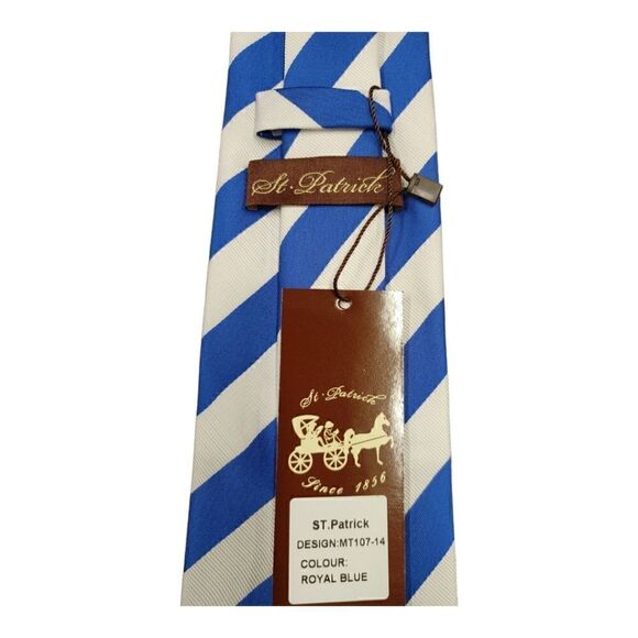 MEN'S ST. PATRICK  ROYAL/WHITE DIAGONAL STRIPE TIE AND POCKET SQUARE SET. - Picture 3 of 4